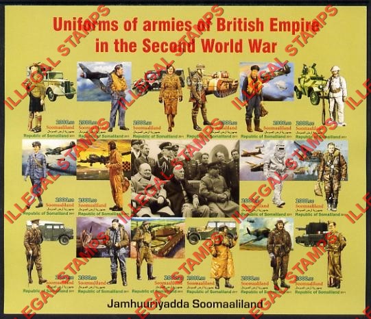 Somaliland 2011 Uniforms of the British Army in World War II Illegal Stamp Souvenir Sheet of 16 Plus Label
