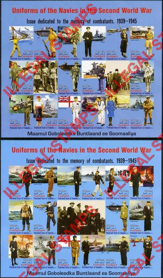 Somaliland 2011 Uniforms of the Navies in World War II Illegal Stamp Souvenir Sheets of 18