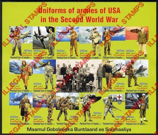 Somaliland 2011 Uniforms of the U.S. Army in World War II Illegal Stamp Souvenir Sheet of 16 Plus Label