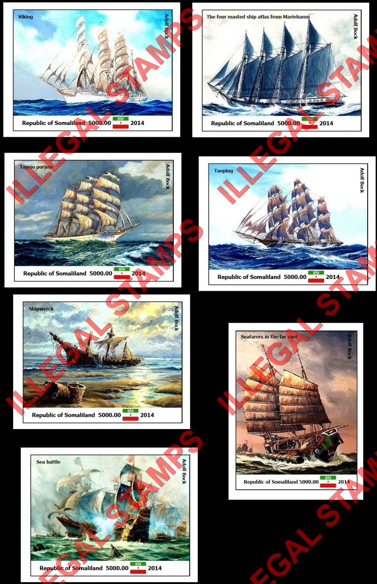 Somaliland 2014 Paintings Sailing Ships by Adolf Bock Illegal Stamp Souvenir Sheets of 1 (Part 1)