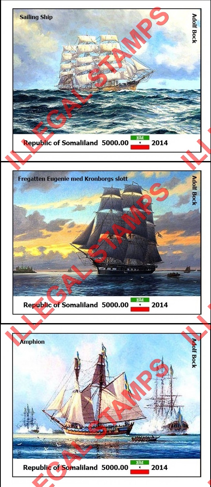 Somaliland 2014 Paintings Sailing Ships by Adolf Bock Illegal Stamp Souvenir Sheets of 1 (Part 2)