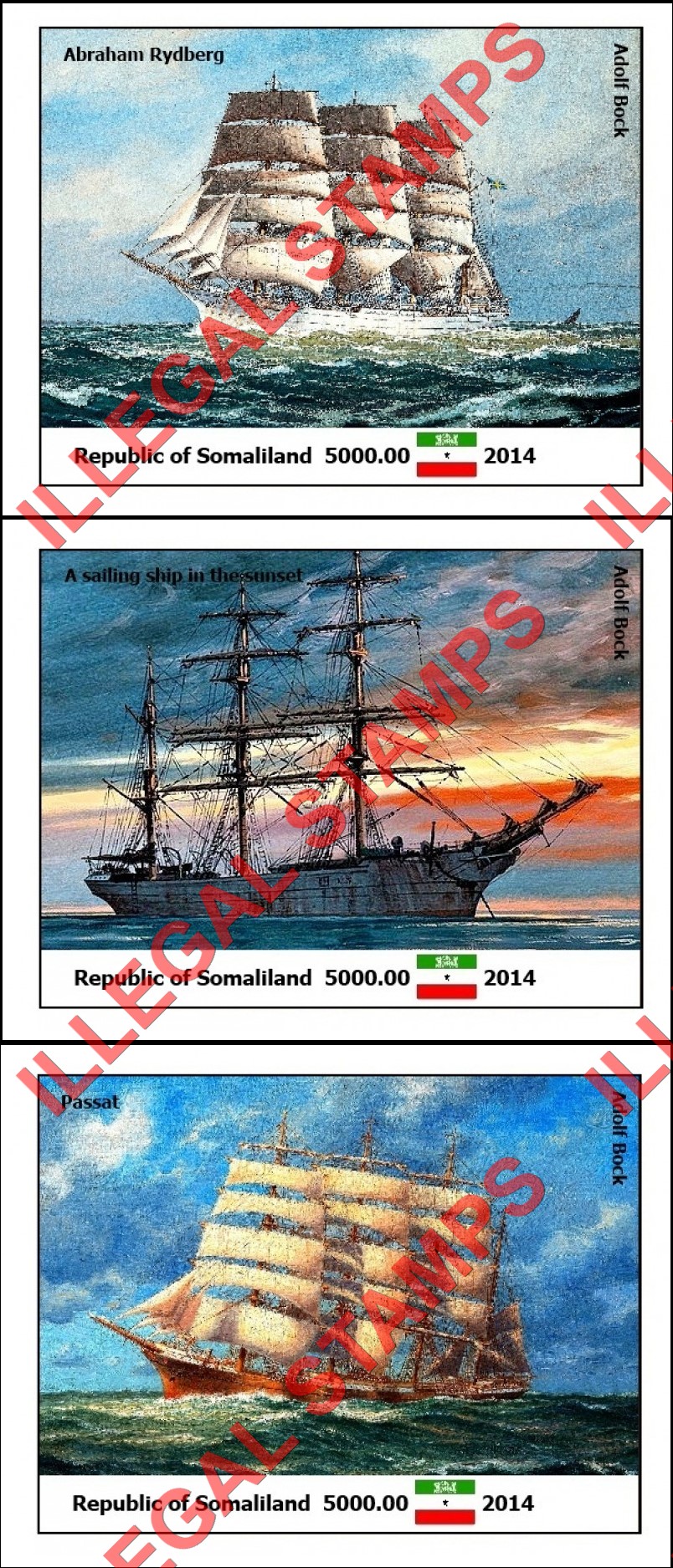 Somaliland 2014 Paintings Sailing Ships by Adolf Bock Illegal Stamp Souvenir Sheets of 1 (Part 3)