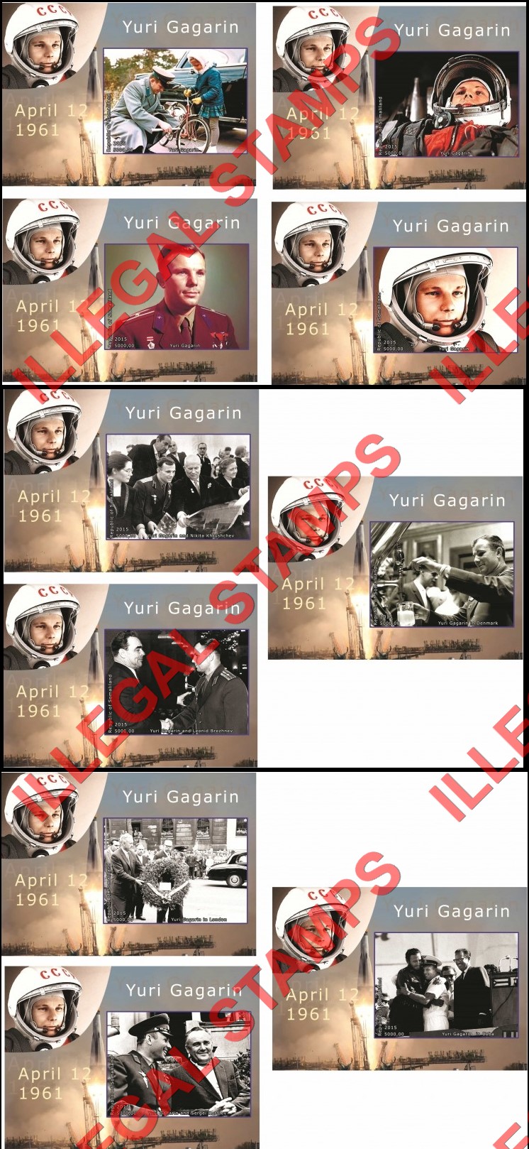 Somaliland 2015 Yuri Gagarin Illegal Stamp Souvenir Sheets of 1 (Part 1)