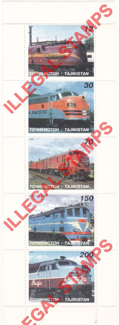 Tajikistan 1998 Locomotives Illegal Stamp Souvenir Sheet of 5