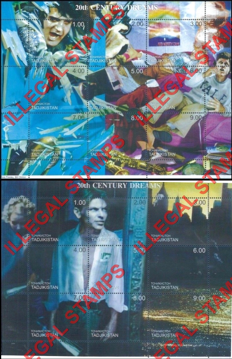 Tajikistan 1999 20th Century Dreams Illegal Stamp Souvenir Sheets of 9 (Part 1)