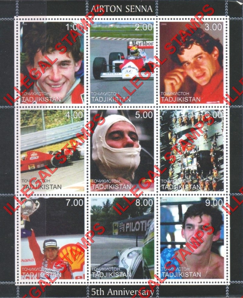 Tajikistan 1999 Aerton Senna Formula I Illegal Stamp Souvenir Sheet of 9