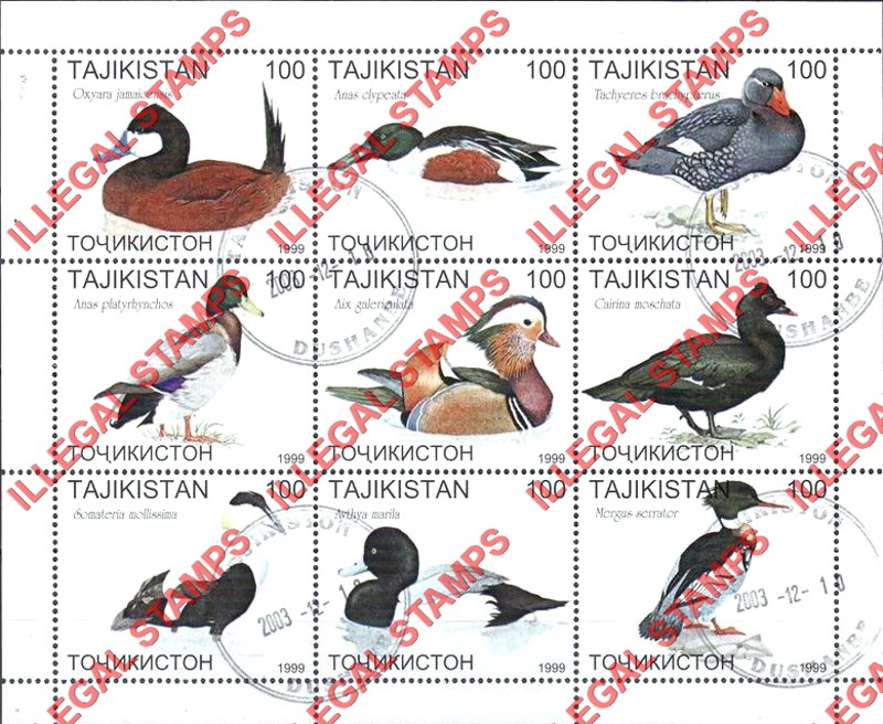Tajikistan 1999 Birds Illegal Stamp Souvenir Sheet of 9