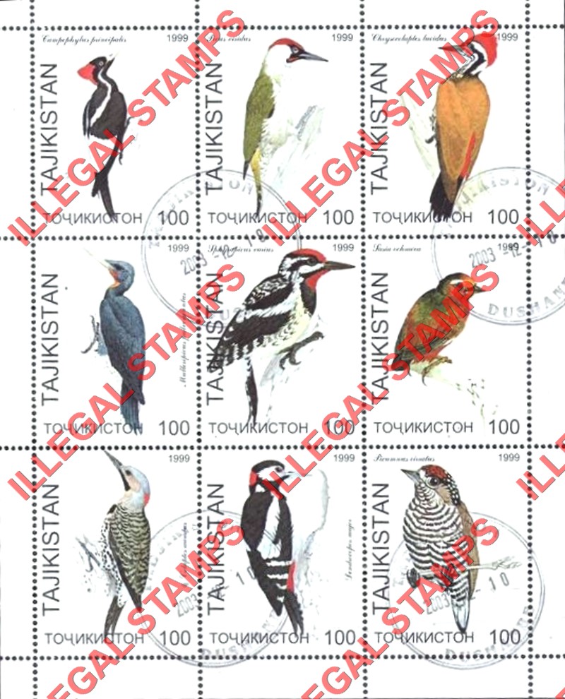 Tajikistan 1999 Birds Woodpeckers Illegal Stamp Souvenir Sheet of 9