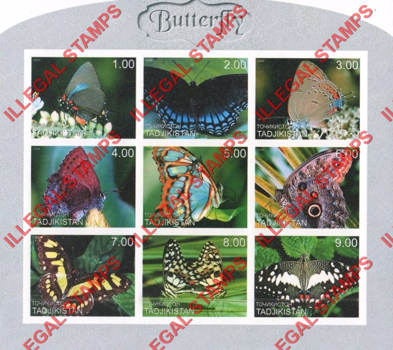 Tajikistan 1999 Butterflies Illegal Stamp Souvenir Sheet of 9