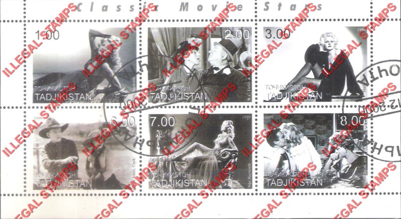 Tajikistan 1999 Classic Movie Stars Illegal Stamp Souvenir Sheet of 6