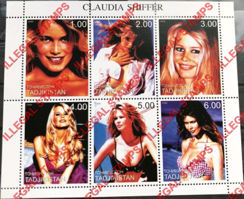 Tajikistan 1999 Claudia Shiffer Illegal Stamp Souvenir Sheet of 6