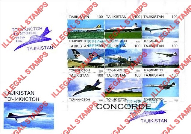 Tajikistan 1999 Concorde Illegal Stamp Souvenir Sheet of 9 on Fake First Day Cover