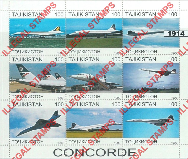 Tajikistan 1999 Concorde Illegal Stamp Souvenir Sheet of 9