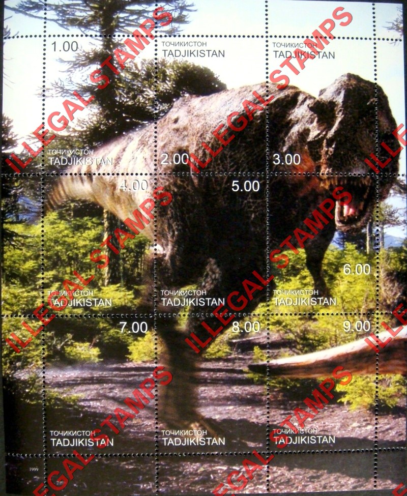 Tajikistan 1999 Dinosaurs Illegal Stamp Souvenir Sheet of 9