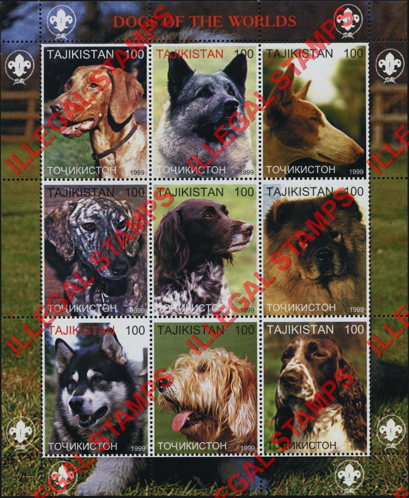 Tajikistan 1999 Dogs of the Worlds Illegal Stamp Souvenir Sheet of 9