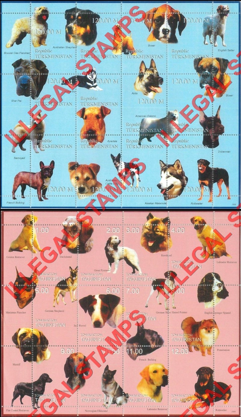 Tajikistan 1999 Dogs Illegal Stamp Souvenir Sheets of 9