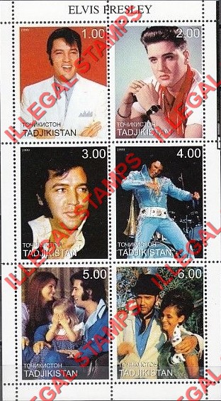 Tajikistan 1999 Elvis Presley Illegal Stamp Souvenir Sheet of 6