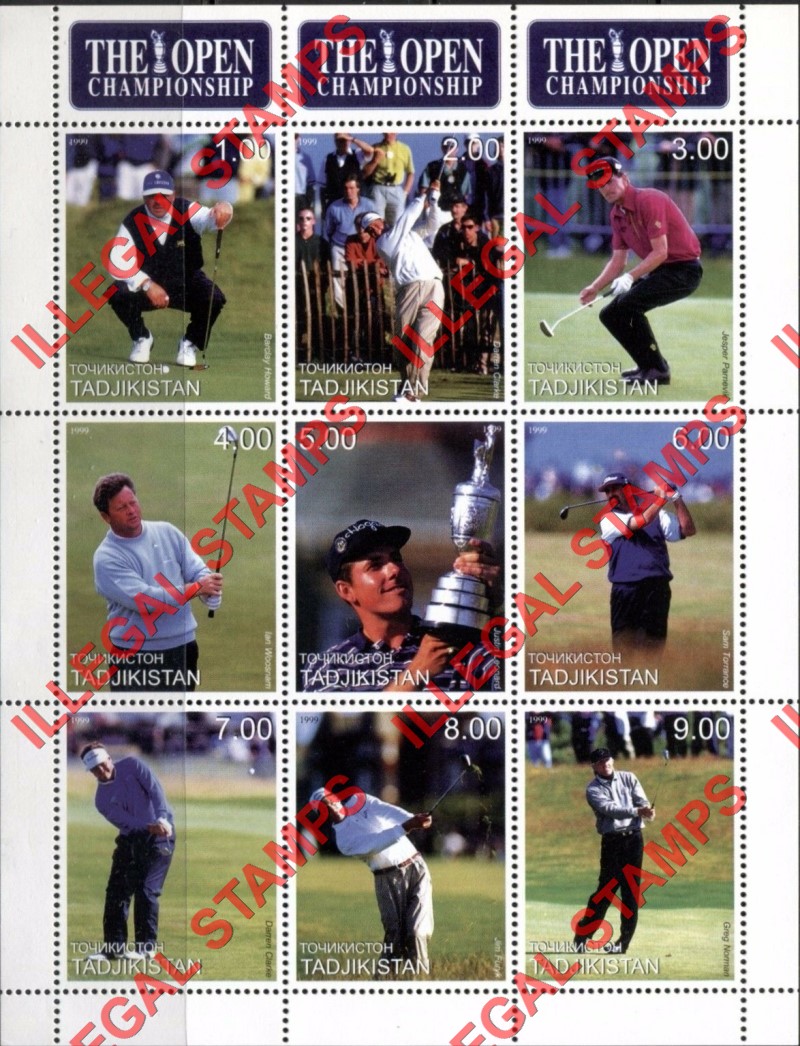 Tajikistan 1999 Golf The Open Championship Illegal Stamp Souvenir Sheet of 9