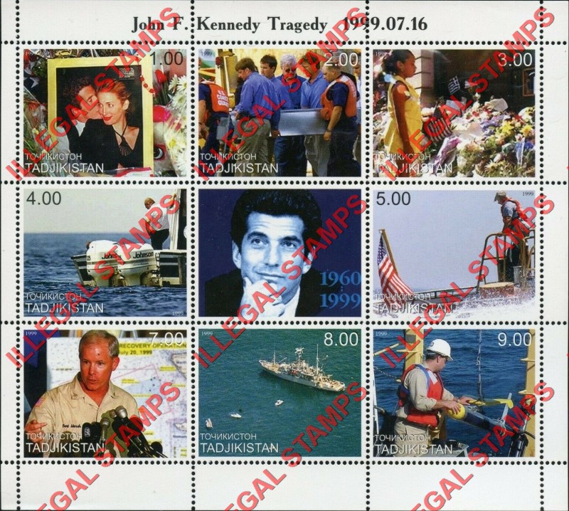 Tajikistan 1999 John Kennedy Jr. Tragedy Illegal Stamp Souvenir Sheet of 9