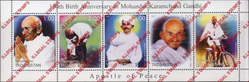 Tajikistan 1999 Mahatma Gandhi Illegal Stamp Souvenir Sheet of 5