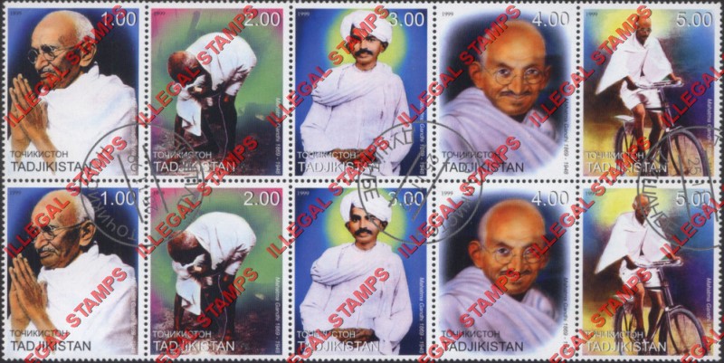 Tajikistan 1999 Mahatma Gandhi Illegal Stamp Strips of 5