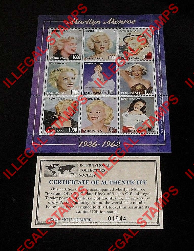 Tajikistan 1999 Marilyn Monroe Illegal Stamp Souvenir Sheet of 9 with Bogus Certificate of Authenticity
