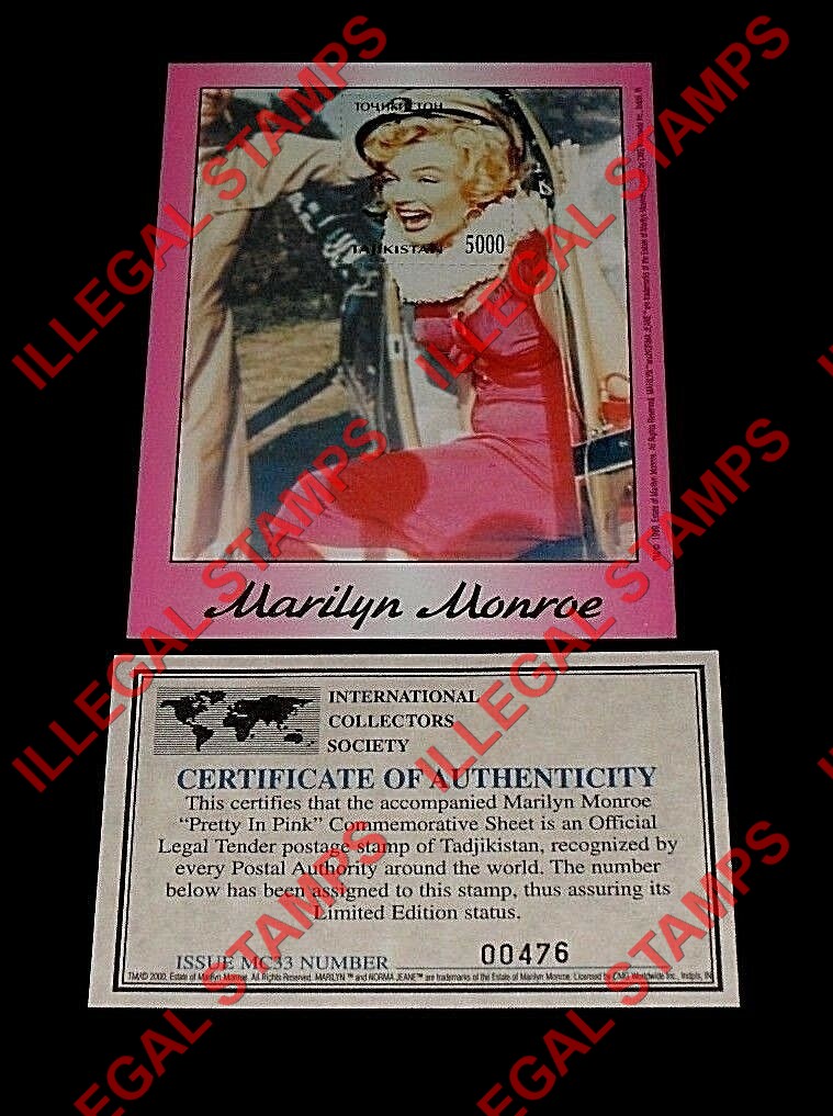 Tajikistan 1999 Marilyn Monroe Getting Out of Car Illegal Stamp Souvenir Sheet of 1 with Bogus Certificate of Authenticity