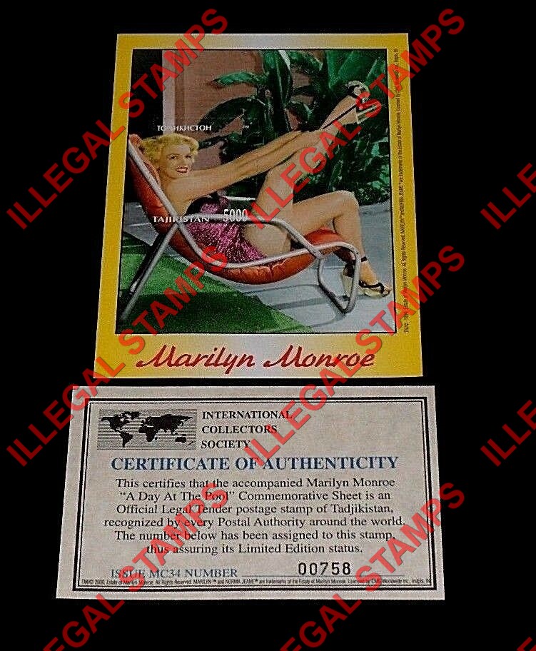 Tajikistan 1999 Marilyn Monroe on Lawn Chair Illegal Stamp Souvenir Sheet of 1 with Bogus Certificate of Authenticity