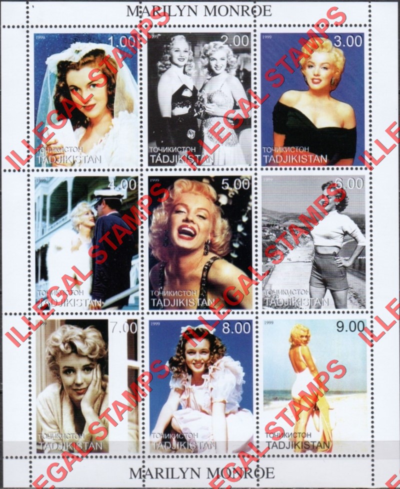 Tajikistan 1999 Marilyn Monroe Illegal Stamp Souvenir Sheet of 9