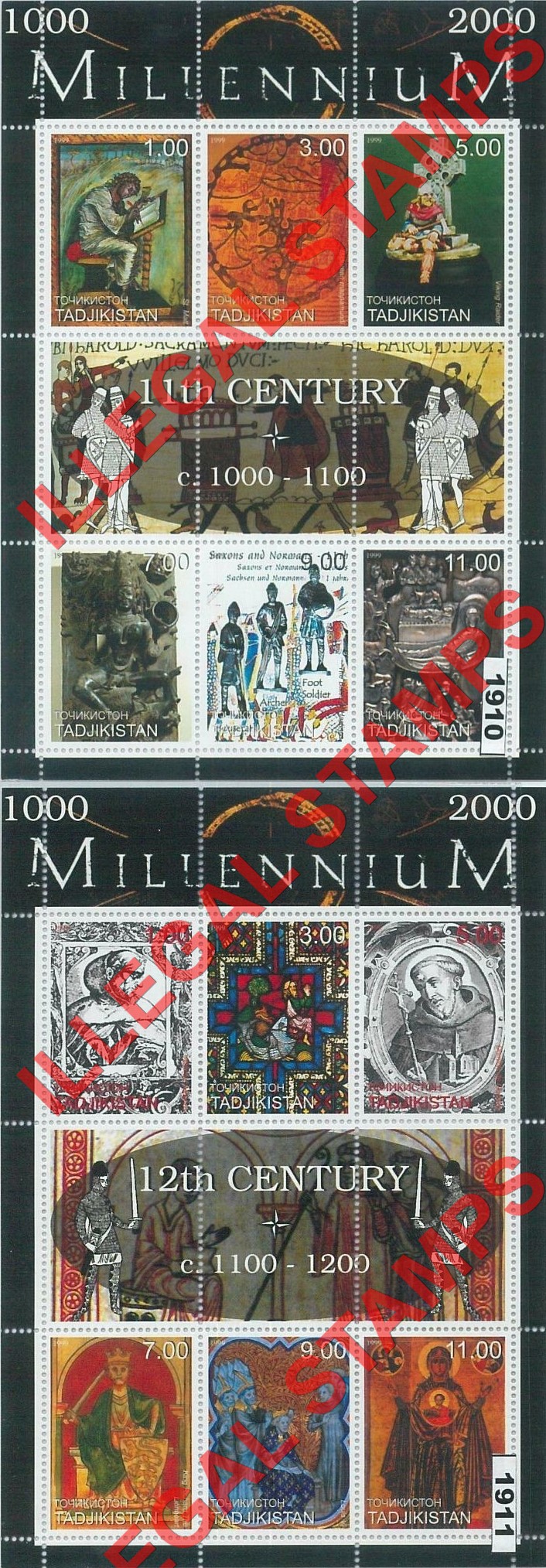 Tajikistan 1999 Millennium 11th and 12th Century Illegal Stamp Souvenir Sheets of 9