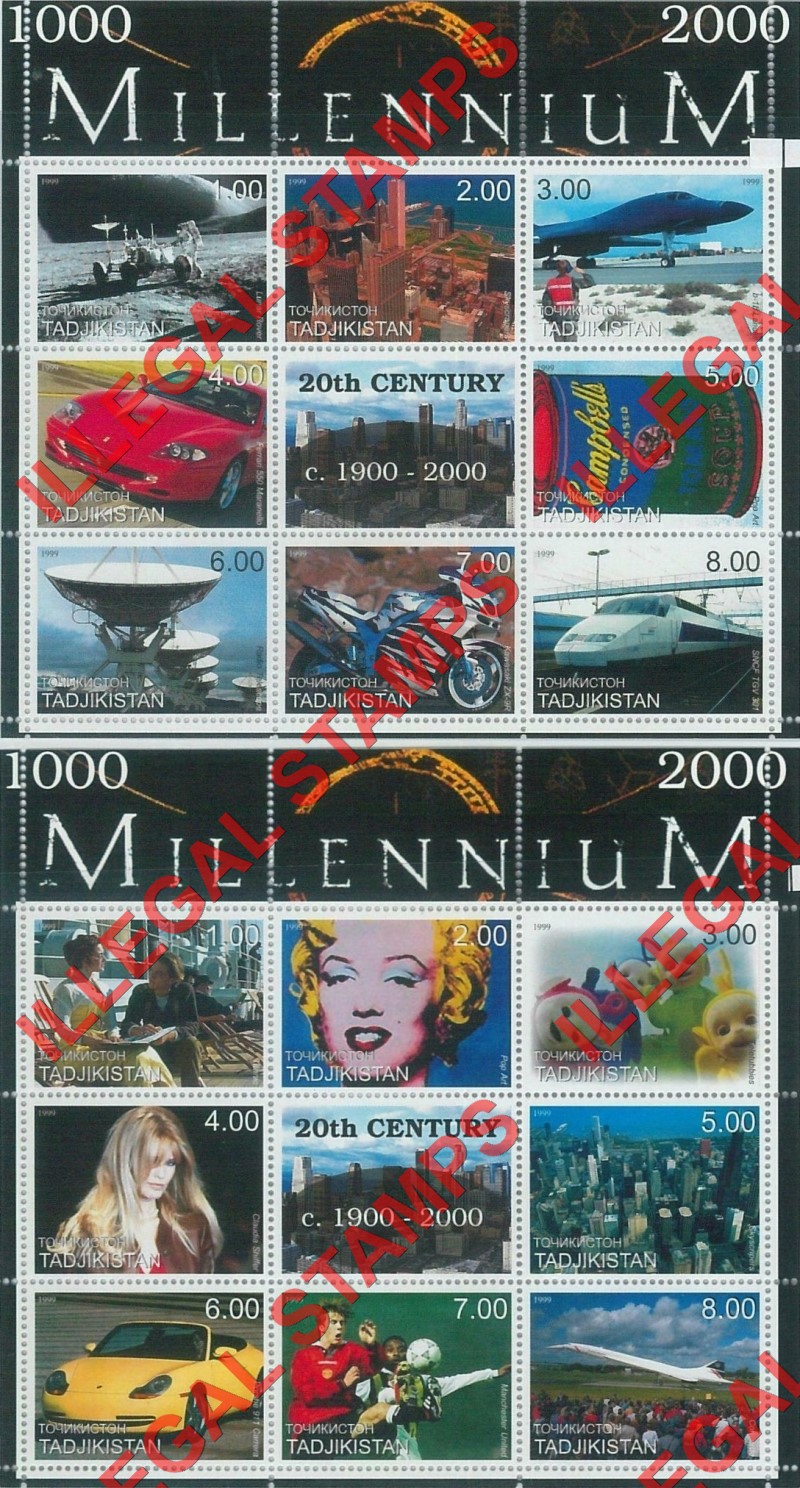 Tajikistan 1999 Millennium 20th Century Illegal Stamp Souvenir Sheets of 9 (Part 1)