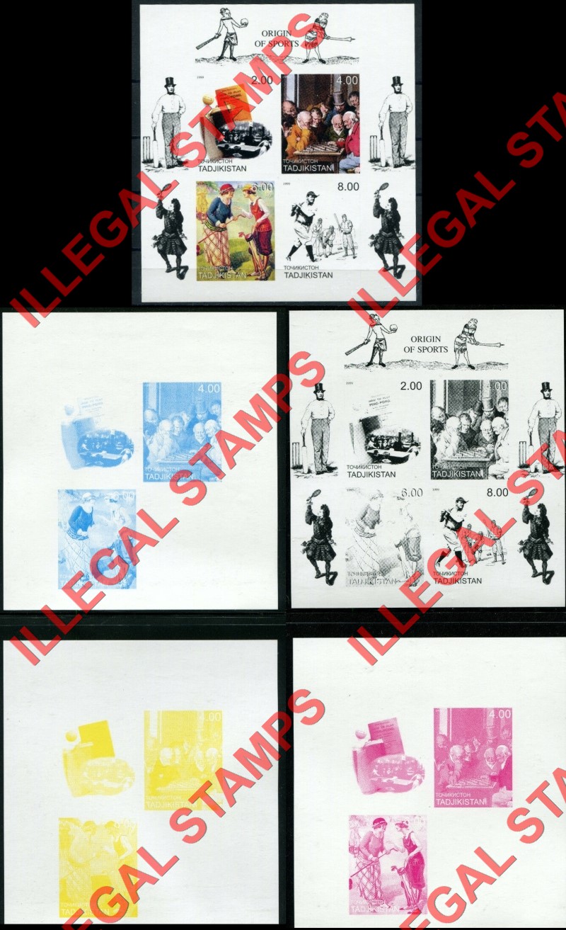 Tajikistan 1999 Origin of Sports Illegal Stamp Souvenir Sheet of 4 Color Proof Set