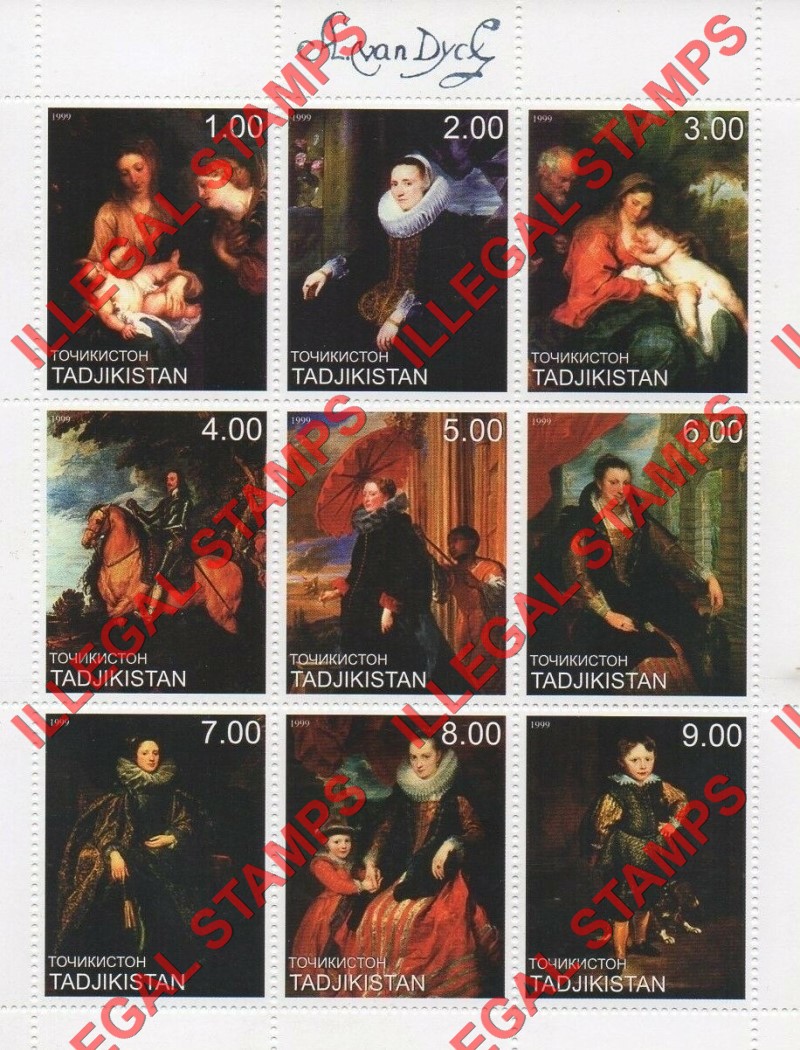 Tajikistan 1999 Paintings by Anthony van Dyck Illegal Stamp Souvenir Sheet of 9