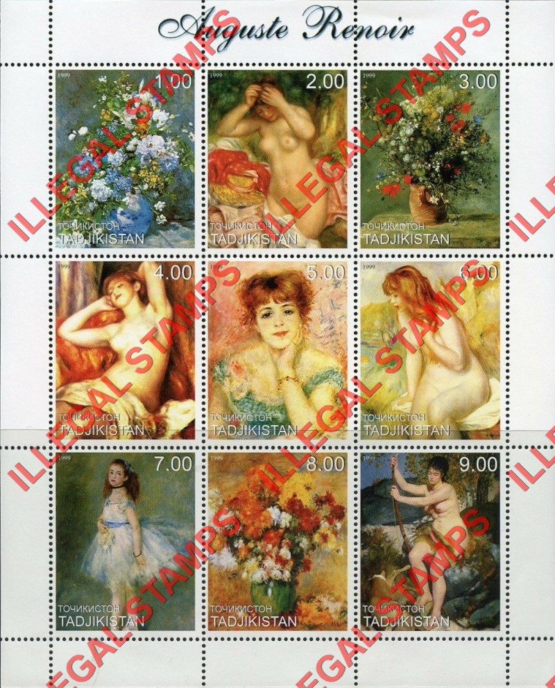 Tajikistan 1999 Paintings by Auguste Renoir Illegal Stamp Souvenir Sheet of 9