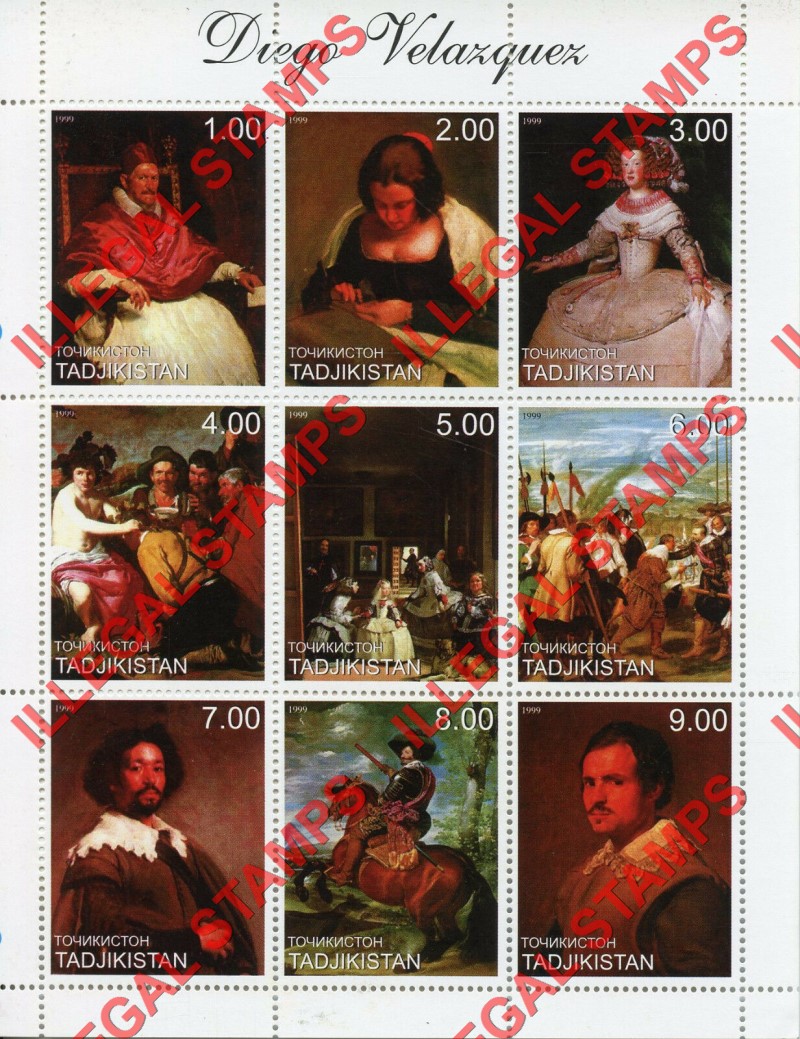 Tajikistan 1999 Paintings by Diego Valazquez Illegal Stamp Souvenir Sheet of 9
