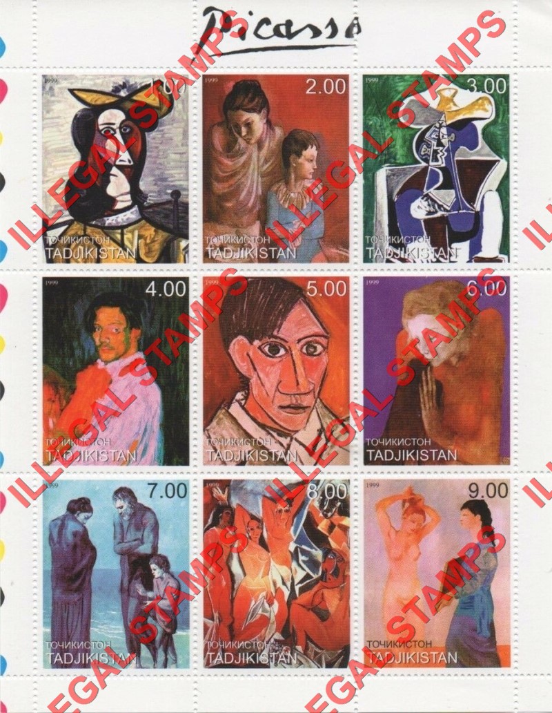 Tajikistan 1999 Paintings by Picasso Illegal Stamp Souvenir Sheet of 9