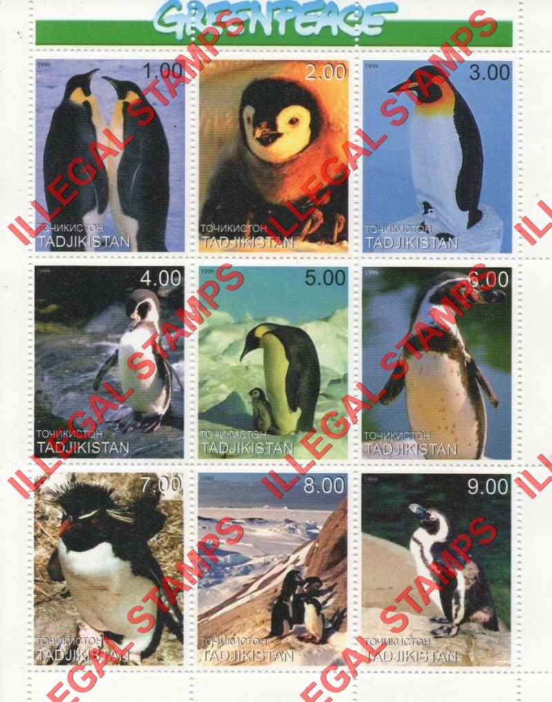 Tajikistan 1999 Penguins Greenpeace Illegal Stamp Souvenir Sheet of 9