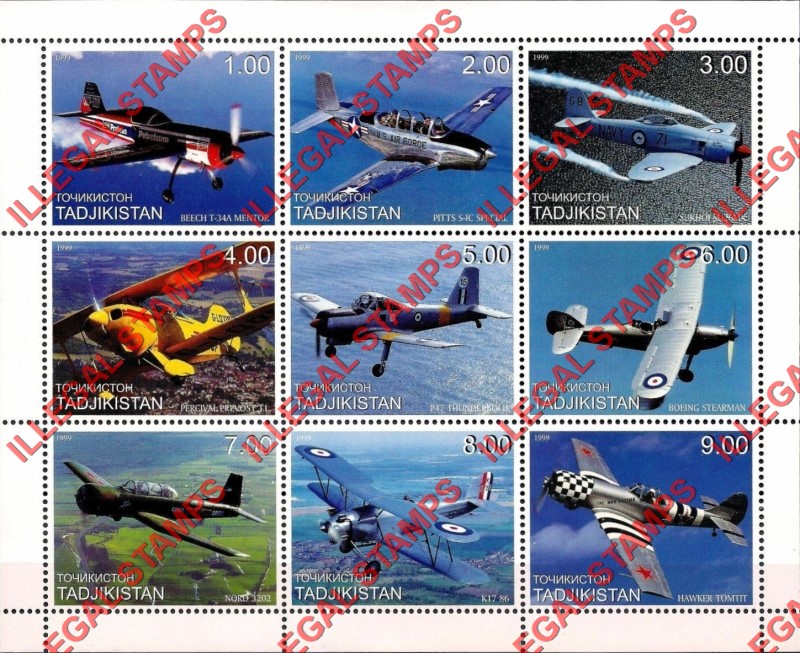 Tajikistan 1999 Planes Biplanes Illegal Stamp Souvenir Sheet of 9