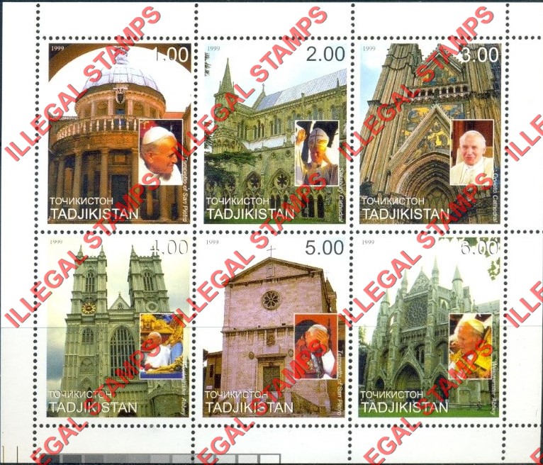 Tajikistan 1999 Pope John Paul II and Cathedrals Illegal Stamp Souvenir Sheet of 6