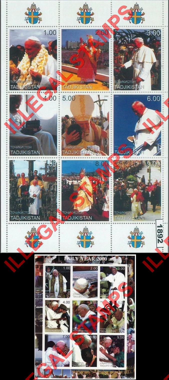 Tajikistan 1999 Pope John Paul II Illegal Stamp Souvenir Sheets of 9