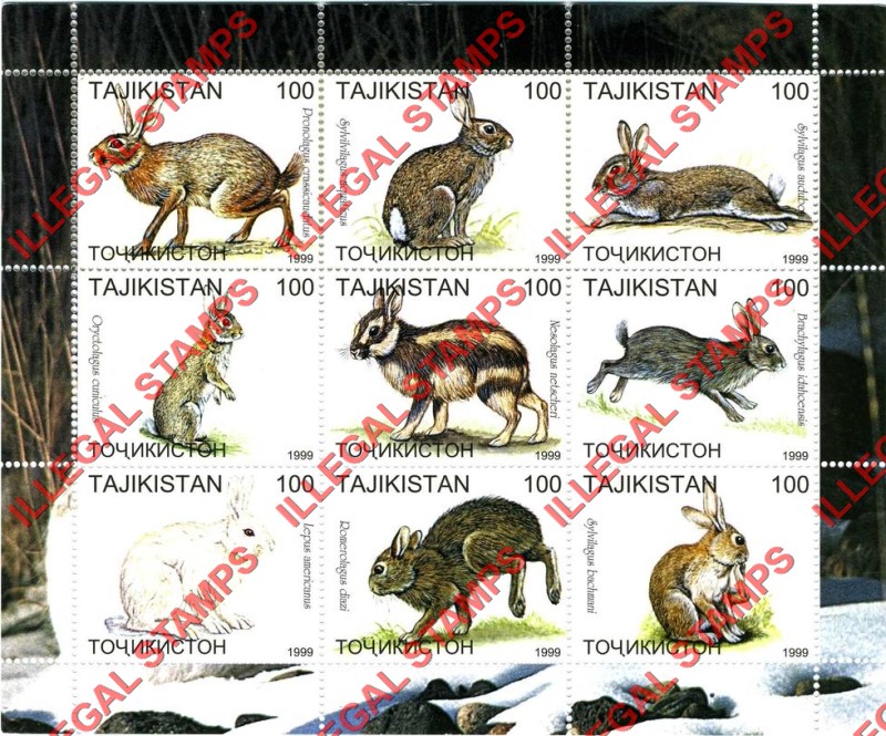 Tajikistan 1999 Rabbits Illegal Stamp Souvenir Sheet of 9