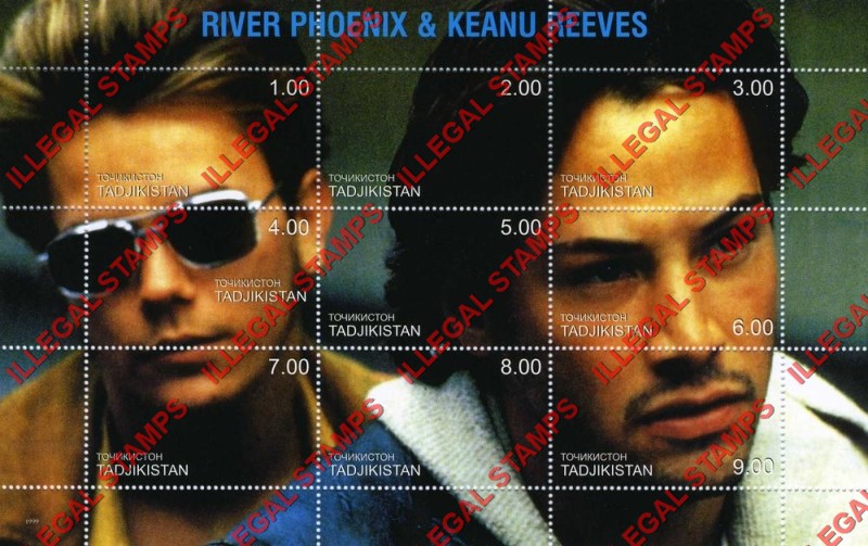 Tajikistan 1999 River Phoenix and Keanu Reeves Illegal Stamp Souvenir Sheet of 9