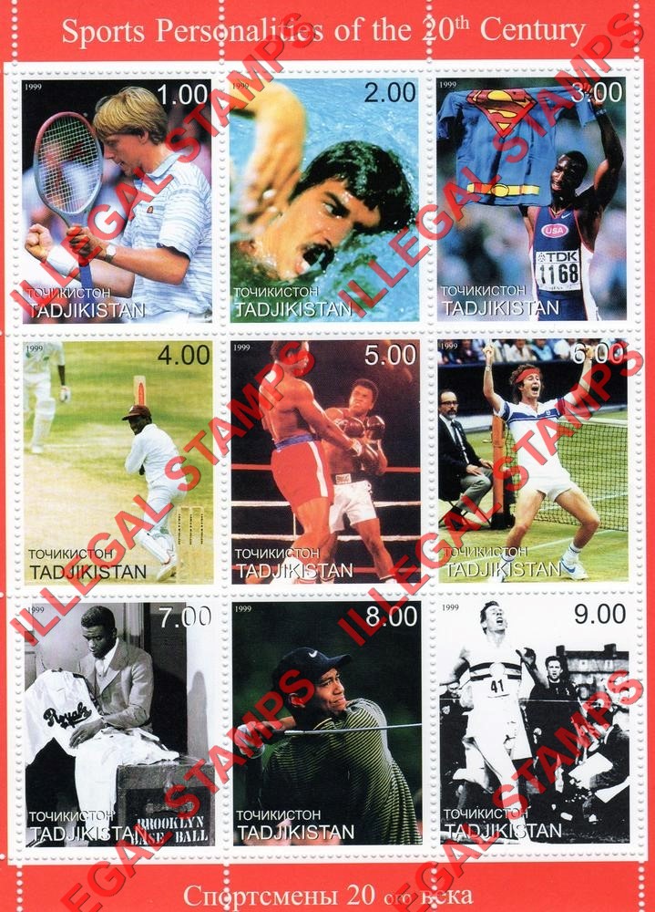 Tajikistan 1999 Sports Personalities of the 20th Century Illegal Stamp Souvenir Sheet of 9