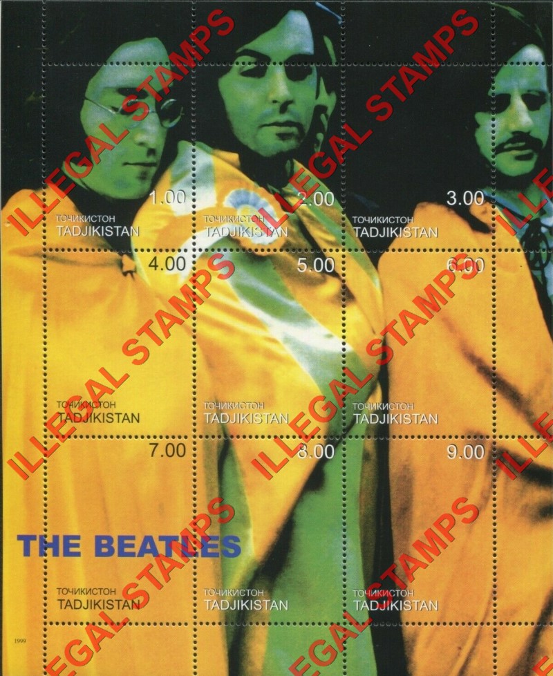 Tajikistan 1999 The Beatles Illegal Stamp Souvenir Sheet of 9