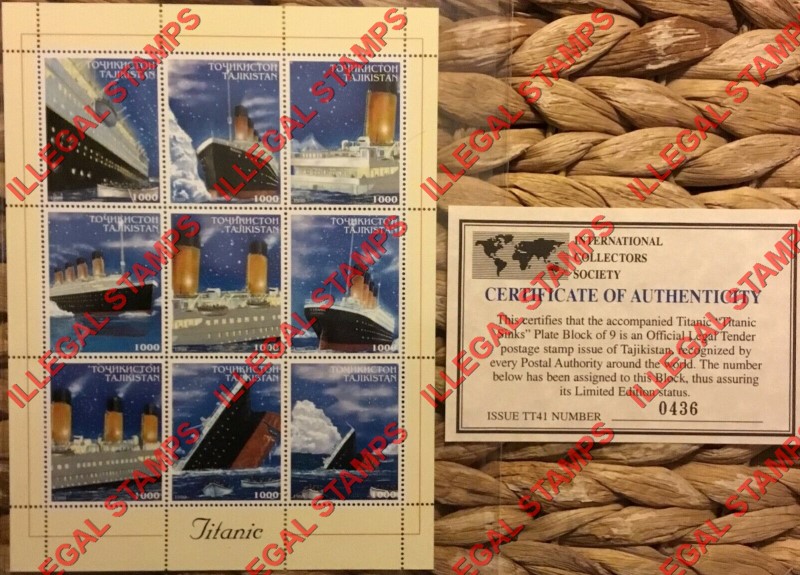 Tajikistan 1999 Titanic Illegal Stamp Souvenir Sheet of 9 with Bogus Certificate of Authenticity