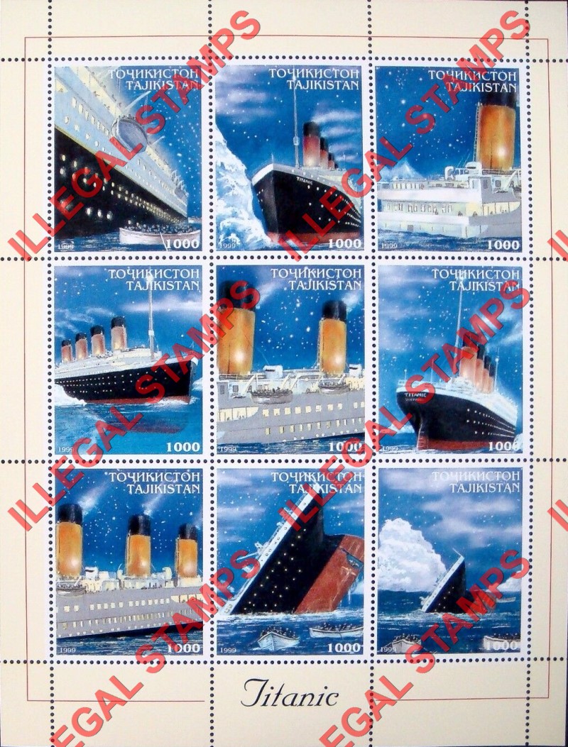Tajikistan 1999 Titanic Illegal Stamp Souvenir Sheet of 9