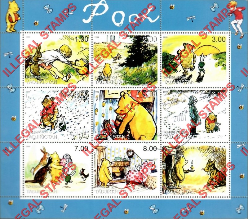 Tajikistan 1999 Winnie the Pooh Illegal Stamp Souvenir Sheet of 9