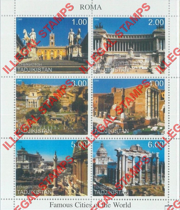 Tajikistan 2000 Famous Cities of the World Rome Illegal Stamp Souvenir Sheet of 6