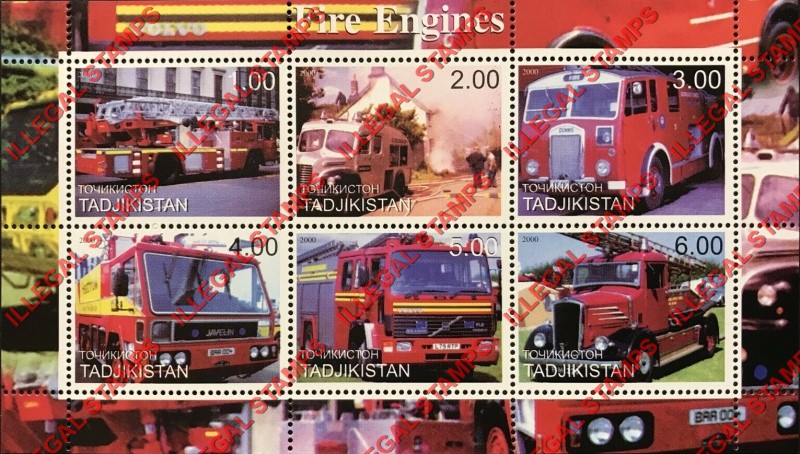 Tajikistan 2000 Fire Engines Illegal Stamp Souvenir Sheet of 6