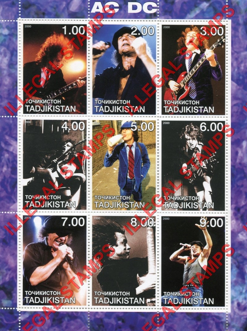 Tajikistan 2000 AC DC Rock Band Illegal Stamp Souvenir Sheet of 9